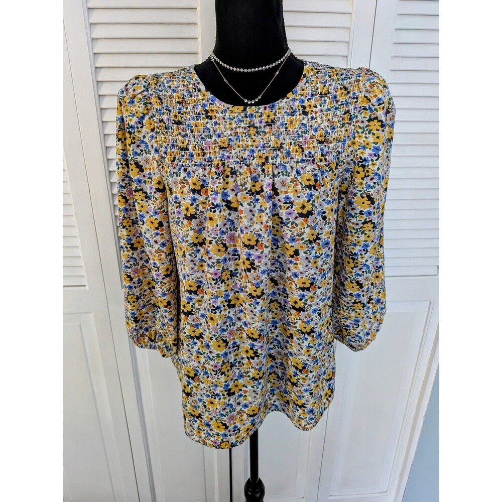 Pleione Anthropologie Women M Multicolor Floral Smocked Boho Blouse Cottagecore